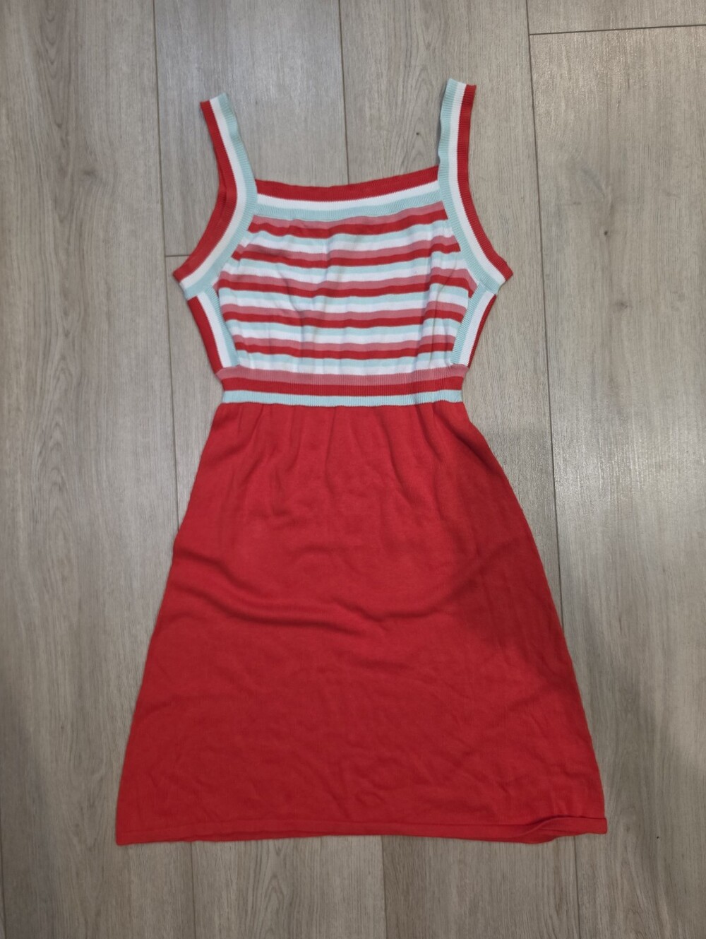 ModCloth Retro Striped Knit Dress Red Aqua White Size L Sleeveless Fit & Flare